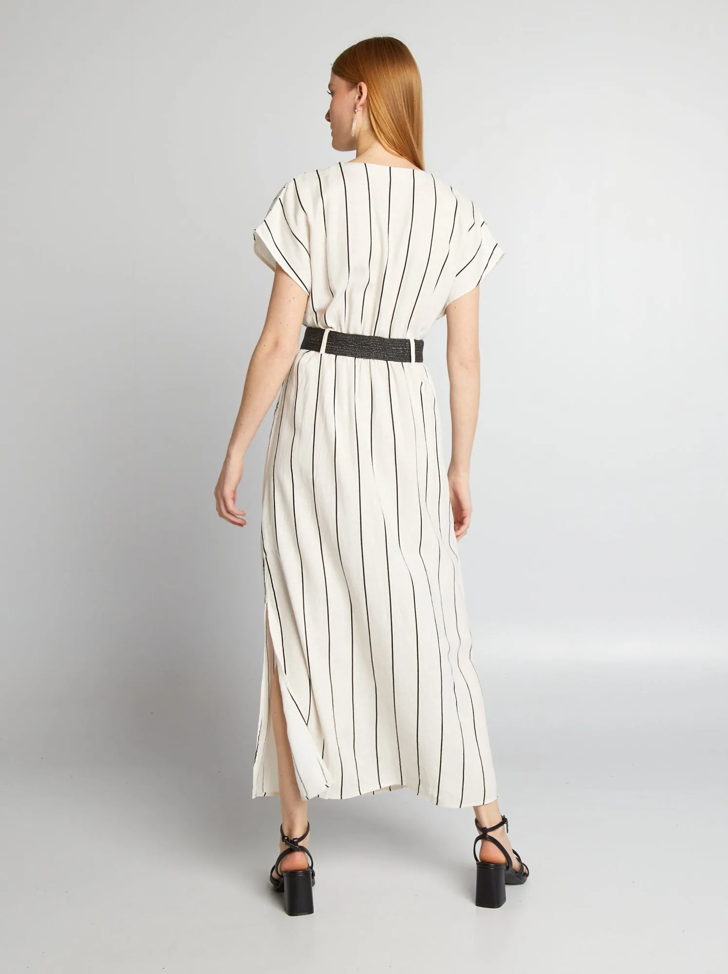 Vestito in misto lino a righe - BEIGE