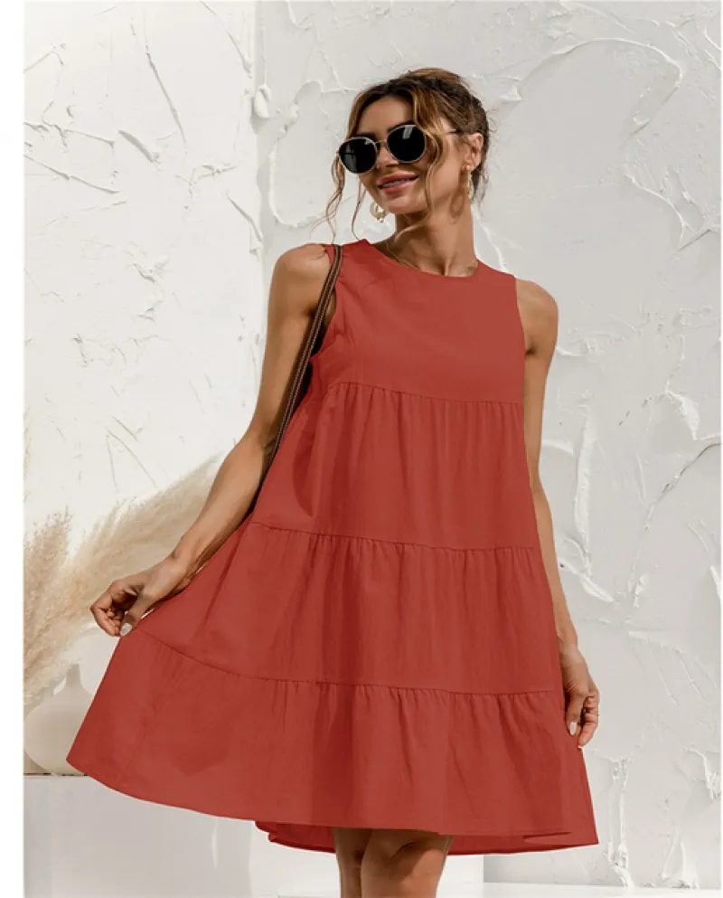 Vestito longuette da donna estivo in cotone o collo senza maniche vestito longuette solido cucito grande altalena vestito estivo