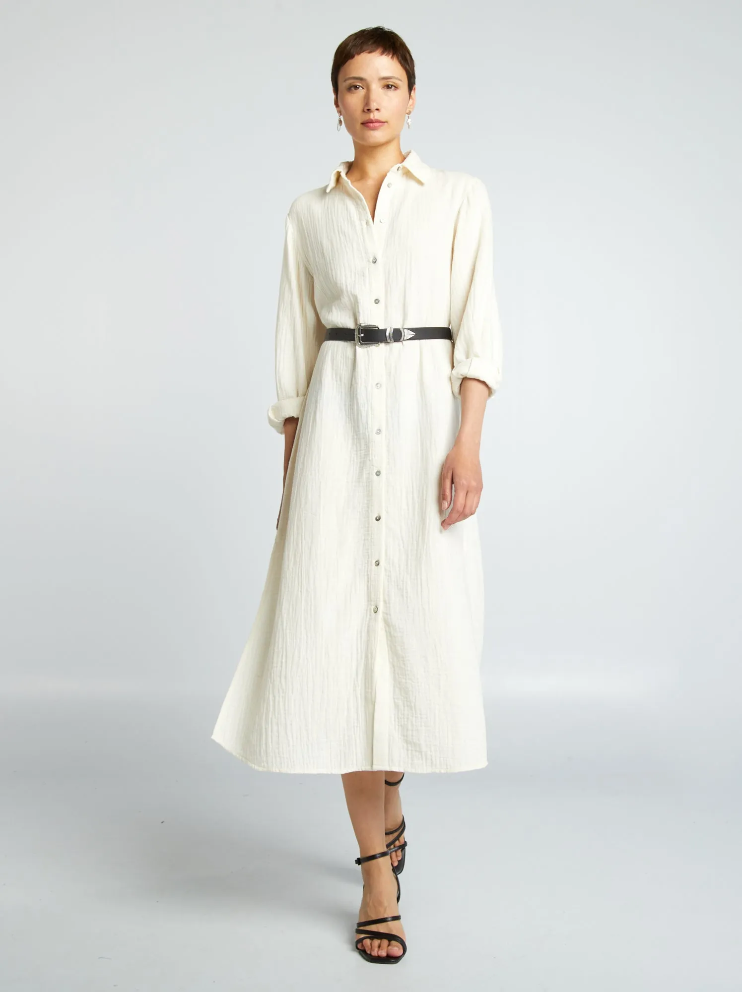 Vestito lungo a forma di camicia in doppia garza di cotone - BIANCO