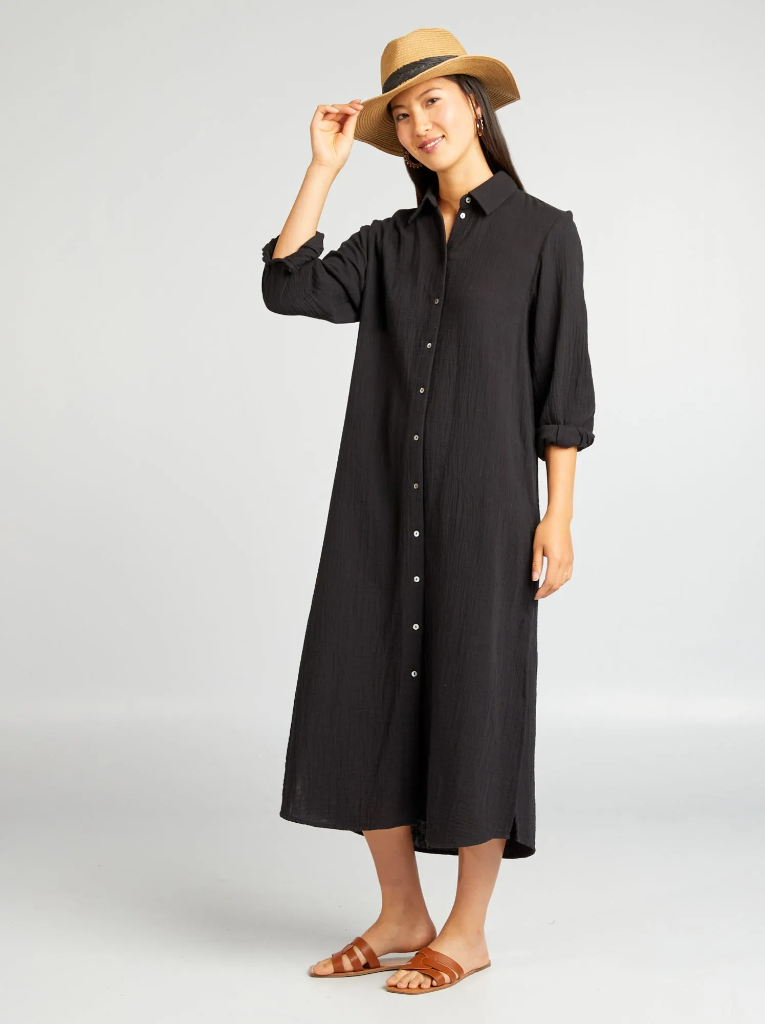 Vestito lungo a forma di camicia in doppia garza di cotone - nero