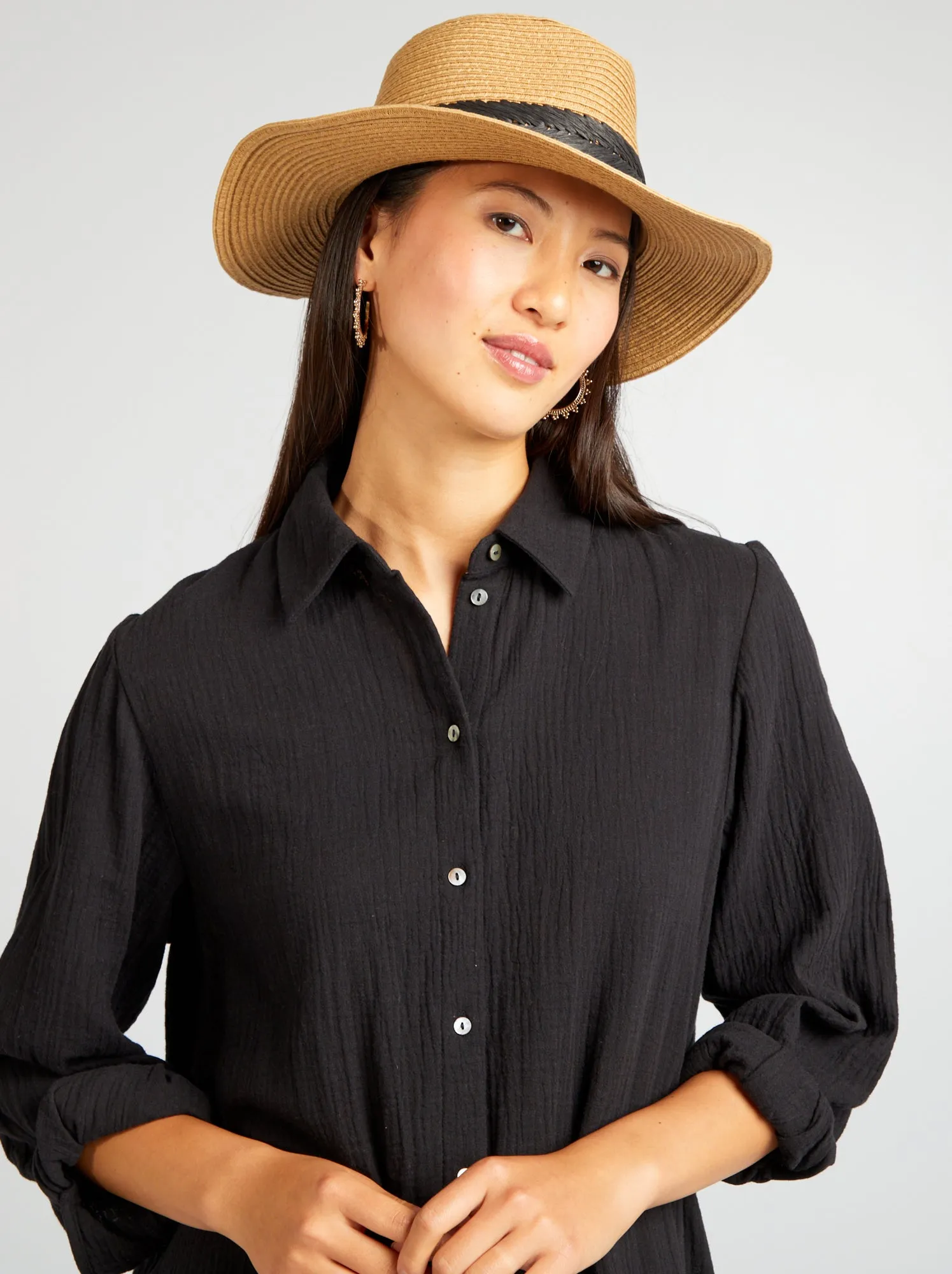 Vestito lungo a forma di camicia in doppia garza di cotone - nero