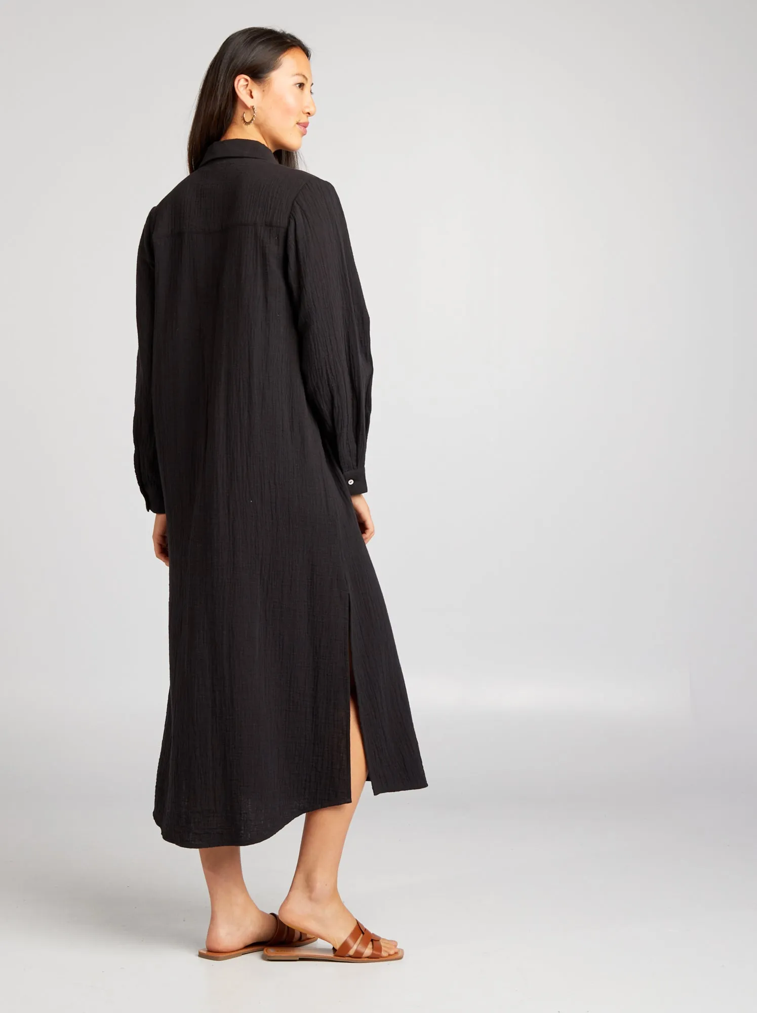 Vestito lungo a forma di camicia in doppia garza di cotone - nero