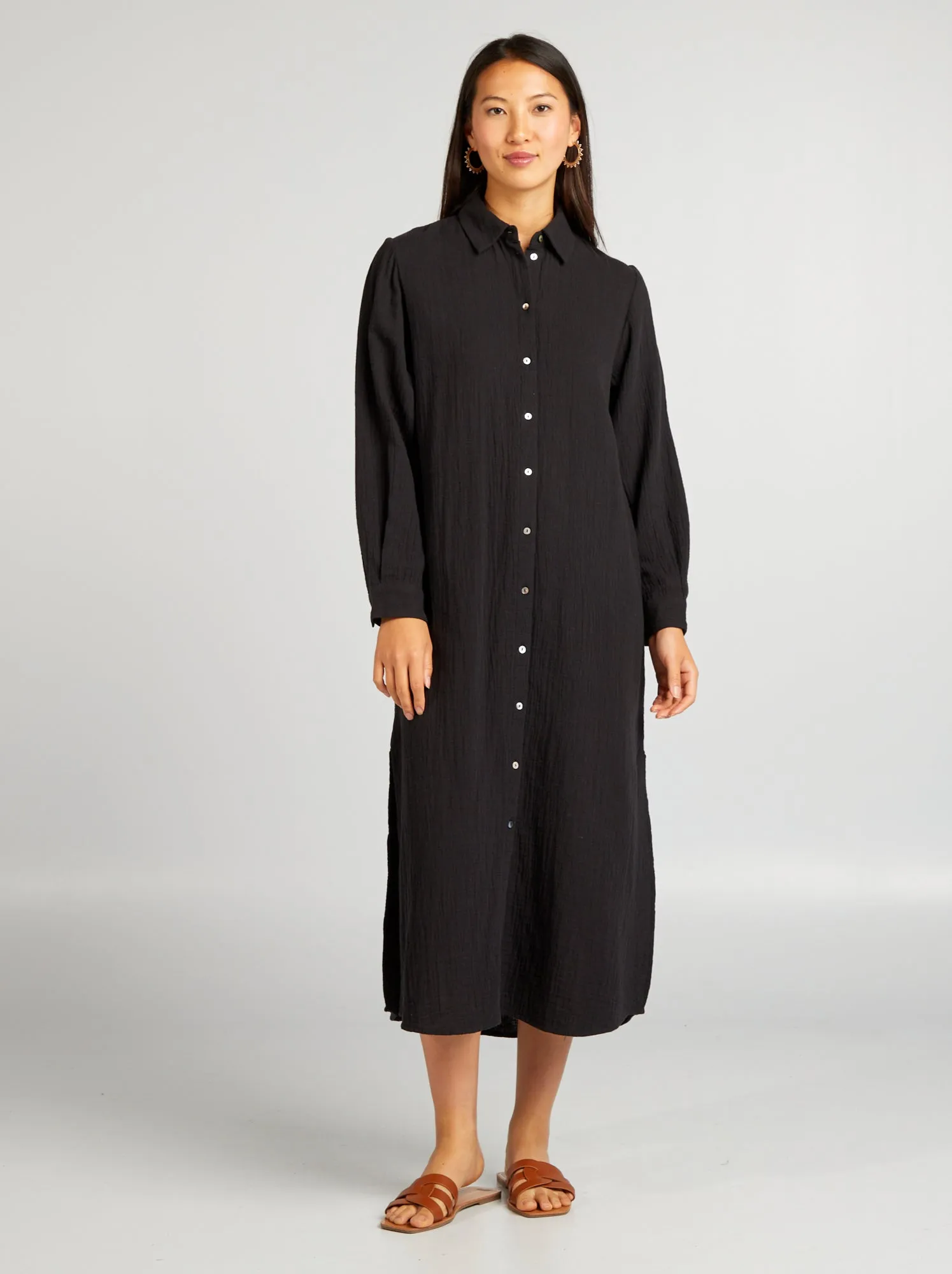 Vestito lungo a forma di camicia in doppia garza di cotone - nero