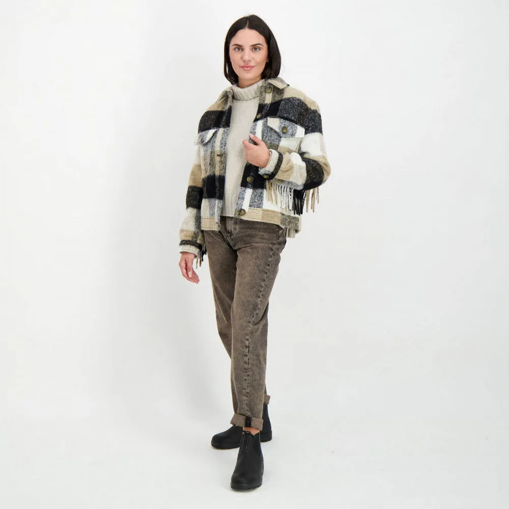 WOOLRICH GIACCA OVERSHIRT FRINGE CHECK DONNA